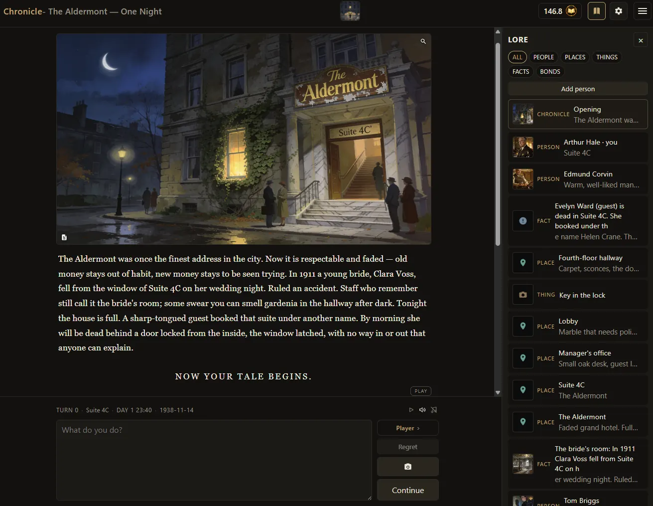 Aldermont play with Lore open: people, places, things, facts, and bonds beside the opening plate.