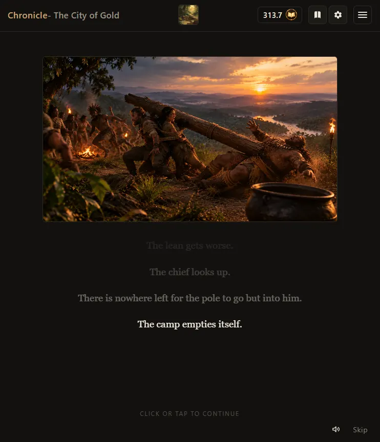 Opening beat with a cinematic plate and line-by-line story text: The camp empties itself.