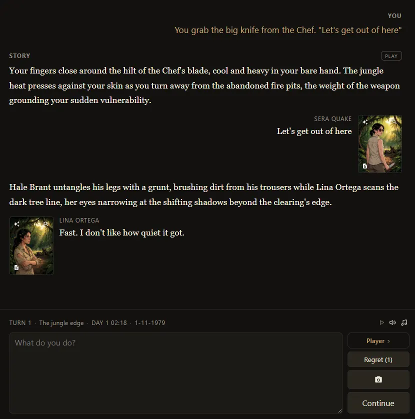 Play transcript with player line, narrator prose, and dialogue portraits for Sera Quake and Lina Ortega.