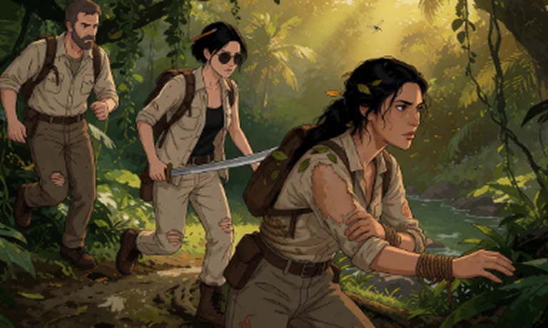 Scene plate from play: three characters moving through sunlit jungle.