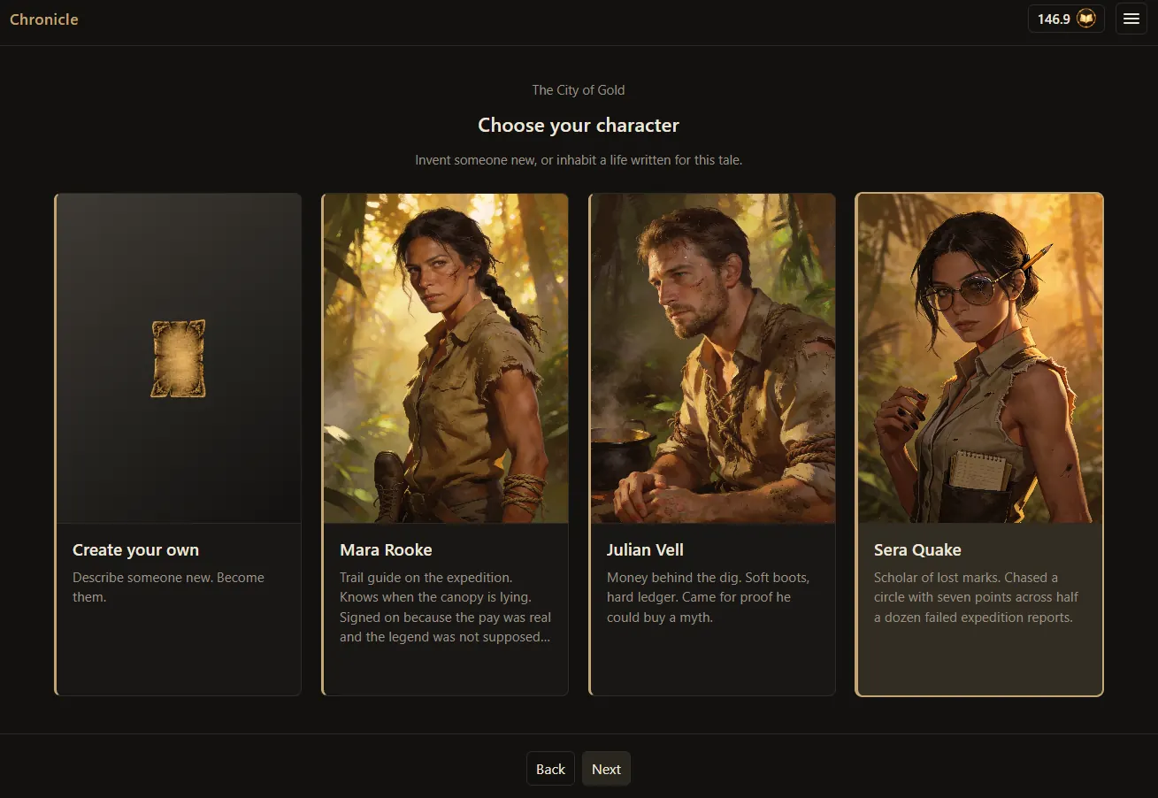 Choose your character for The City of Gold: create your own, or pick Mara Rooke, Julian Vell, or Sera Quake.
